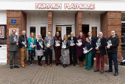 Photograph of people standing outside Norwich Playhouse, at Local Growth Plan launch